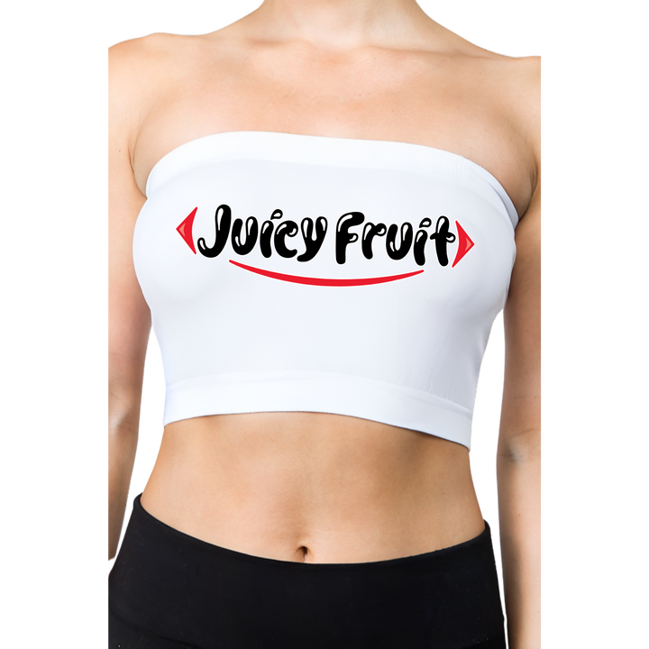 Bright white tube top with bold "Juicy Fruit" graphic, worn by a woman's torso against a plain background.